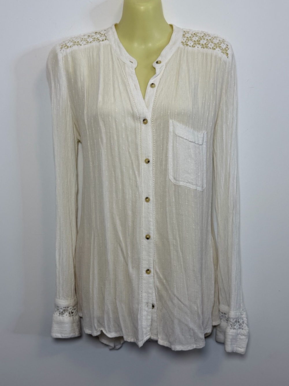 Free People Cream Lace-Trim Button-Down Blouse